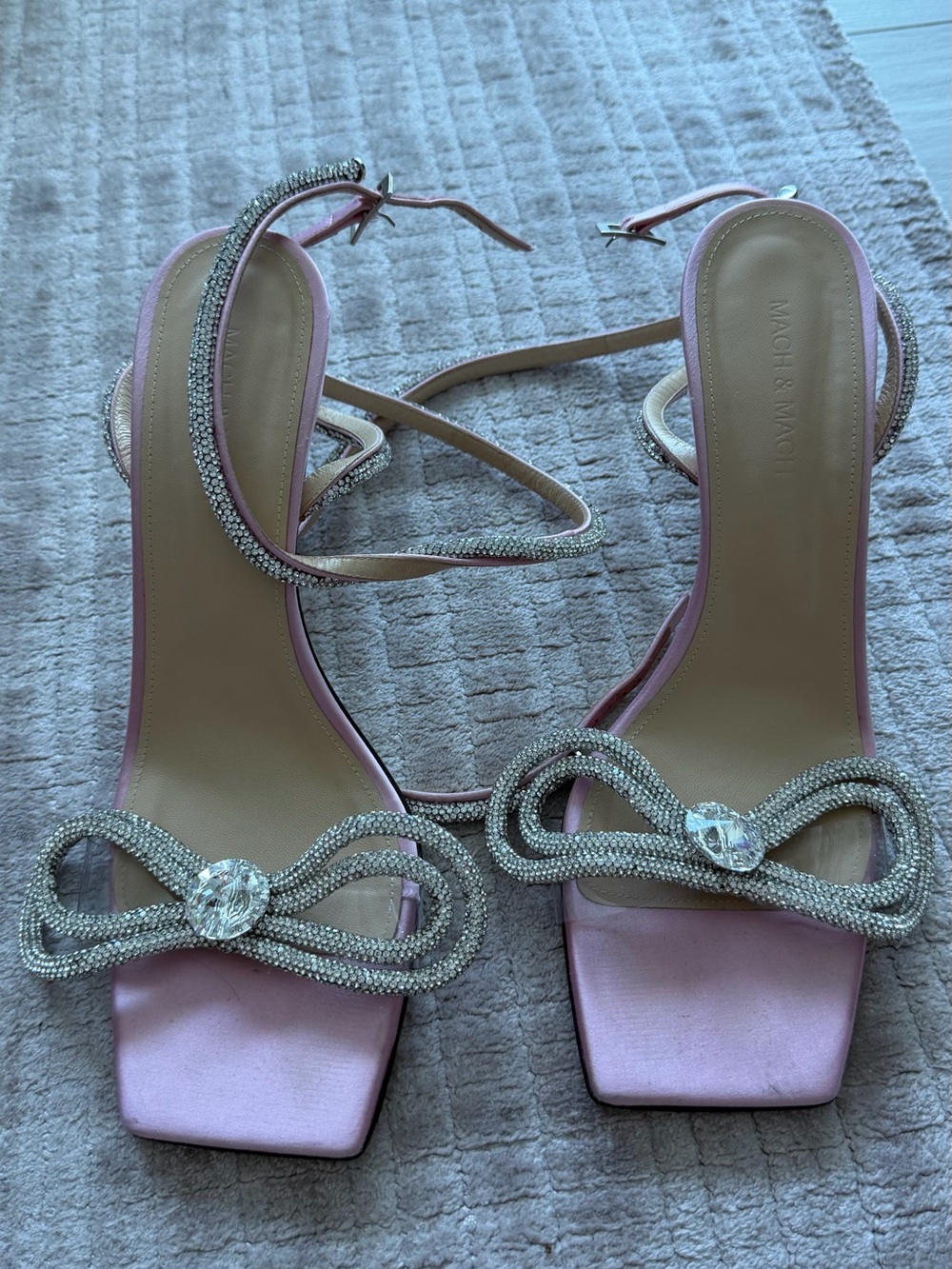 MACH & MACH Pink Satin Crystal Bow Heels